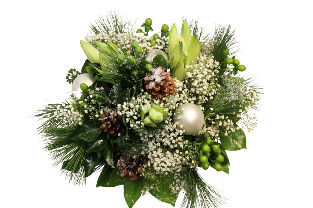 Der florali Amaryllistraum weiss ist ein festlicher Strauß mit weißen Lilien, Amaryllis, Schleierkraut, Kiefer, grünen Beeren, Tannenzapfen und weißen Kugeln inmitten üppiger Blätter – wunderschön arrangiert und frisch geliefert.