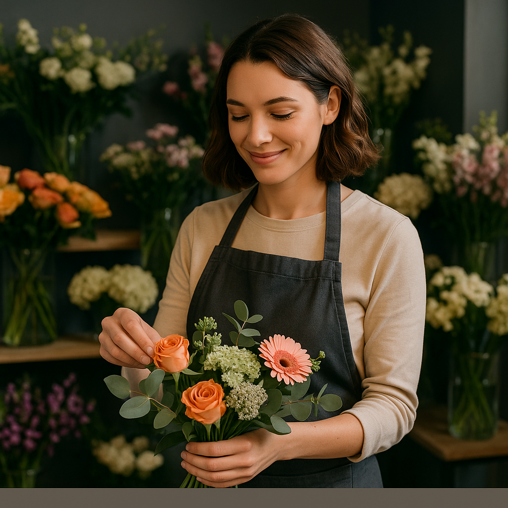 Eine Frau mit Schürze arrangiert in einem Blumenladen, in dem auf den Regalen hinter ihr verschiedene Blüten stehen, einen Blumenstrauß, darunter orangefarbene Rosen und eine rosa Gerbera.