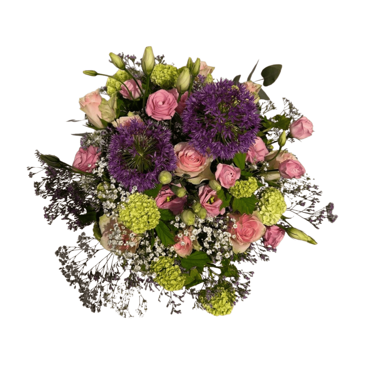 Sommerball von florali bietet einen Strauß aus rosa Rosen, lila Allium, grünem Schneeball, Schleierkraut und üppigem Grün – kunstvoll arrangiert und perfekt für jeden Anlass.