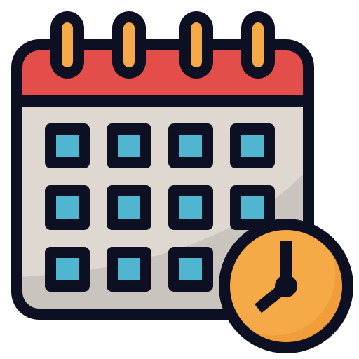Ein stilisierter Kalender mit einem roten oberen Teil und blauen Quadraten, die die Tage darstellen, begleitet von einer gelben Uhr in der unteren rechten Ecke, die die Terminplanung oder Planung symbolisiert.