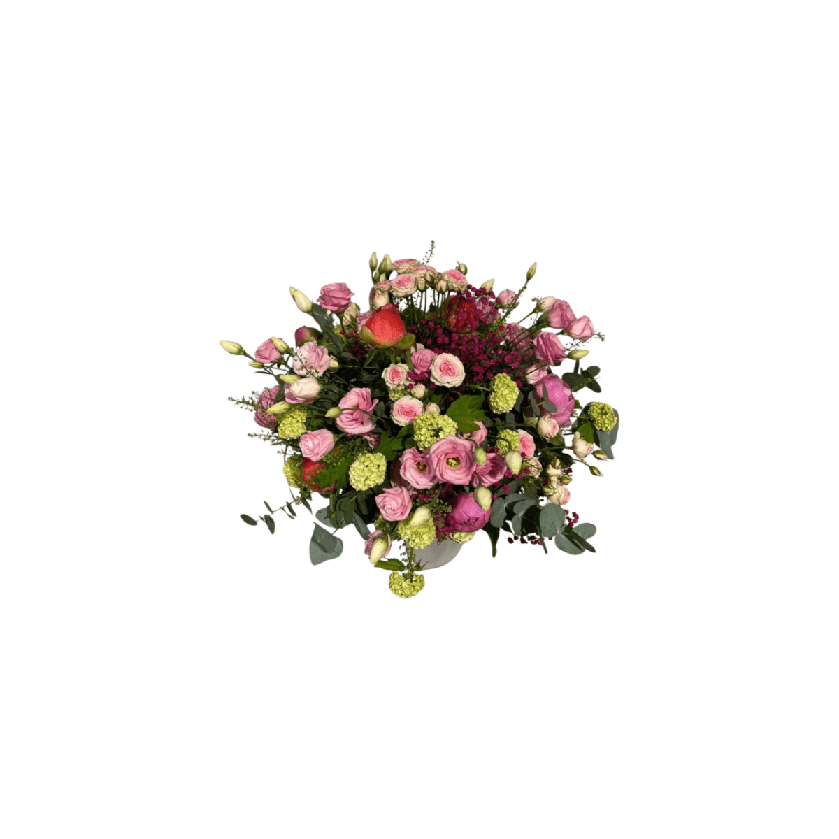Der Blumenstrauß „Sommertanz“ von florali besteht aus rosa Rosen, Pfingstrosen, grünen Nelken, Schneebällen, dunkelrosa Blüten und üppigem Grün in einem stilvollen runden Arrangement.