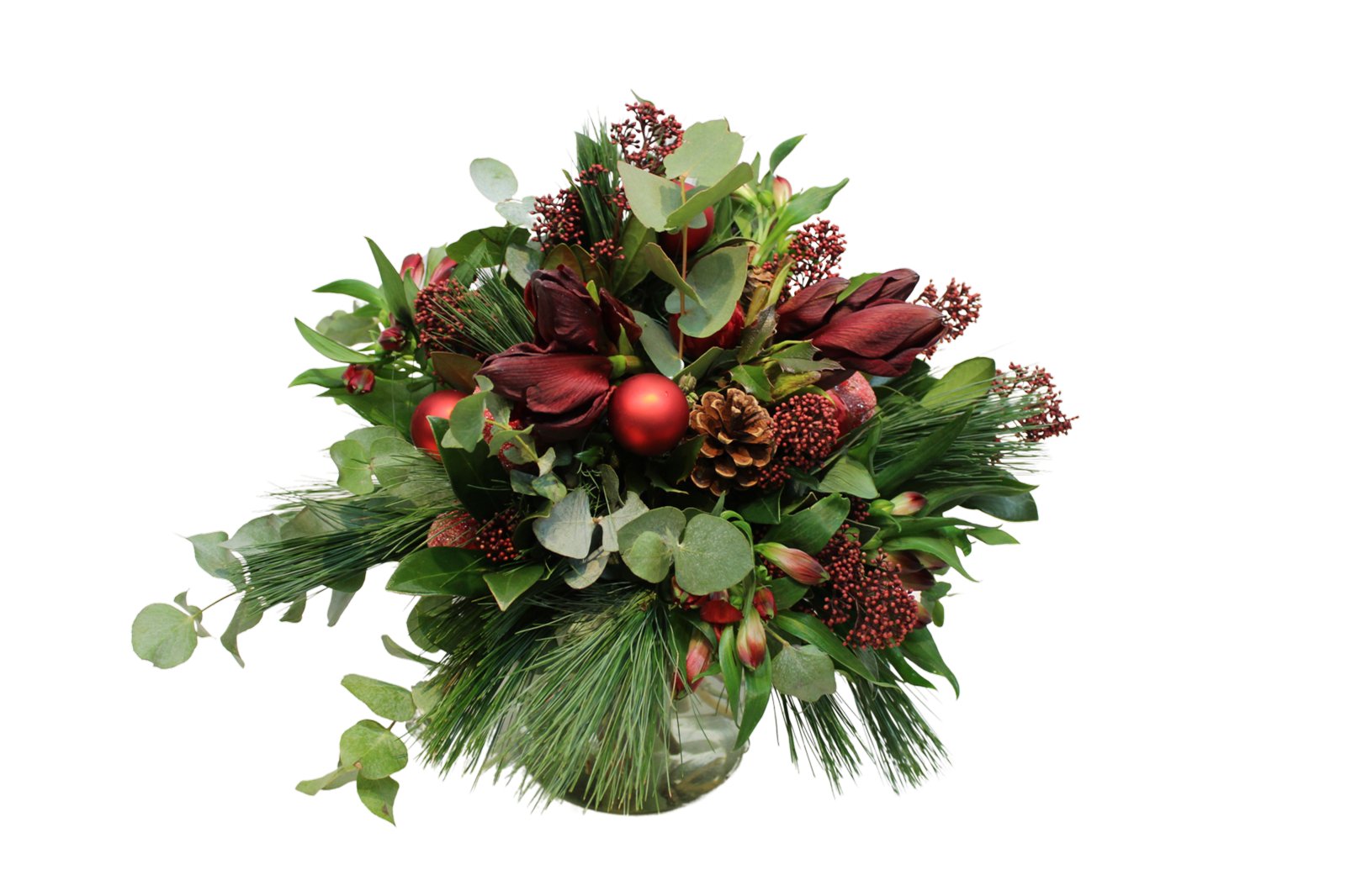 Der Amaryllistraum bordeaux von florali präsentiert festliche rote Amaryllis, Tannenzapfen, rote Ornamente, Eukalyptusblätter und Immergrün in einer runden Vase mit Frischegarantie – perfekt für die Feiertage.