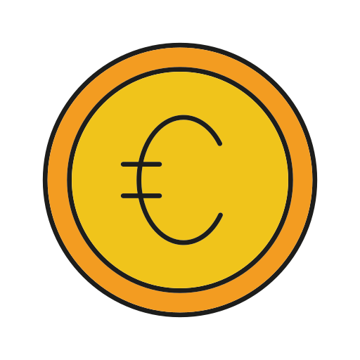 Eine Goldmünze mit dickem orangefarbenem Rand und schwarzem Umriss. In der Mitte der Münze ist das schwarze Euro-Symbol (€) abgebildet. Der Hintergrund ist transparent.