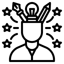 Umriss einer Person mit offenem Kopf, in dem sich eine Glühbirne, ein Bleistift und ein Pinsel befinden, umgeben von sechs Sternen, die Kreativität und fantasievolle Ideen symbolisieren.