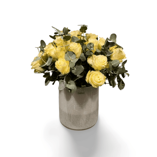 Der Blumenstrauß „Rosentraum“ von florali aus zartgelben Rosen mit grüner Folie in schlichter, weißer Zylindervase, frisch arrangiert und präsentiert vor weißem Hintergrund.