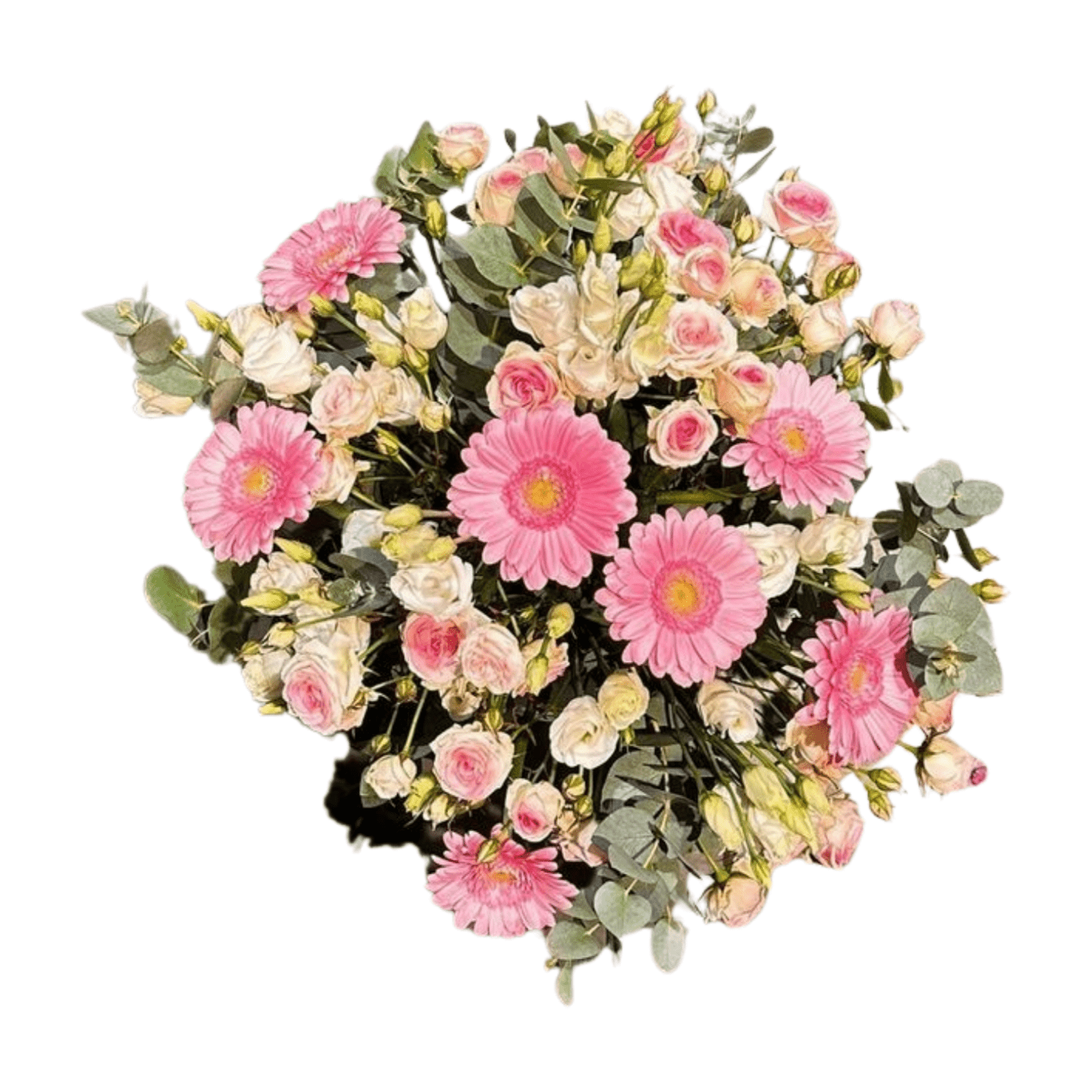 Blütenpoesie von florali: ein üppiger, runder Strauß mit rosa Gerbera, kleinen weißen Rosen und grünem Blattwerk – wunderschön arrangiert von erfahrenen Floristen.