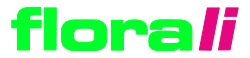 Logo mit dem Wort florali mit Flora in Hellgrün und Li in Pink vor schwarzem Hintergrund.