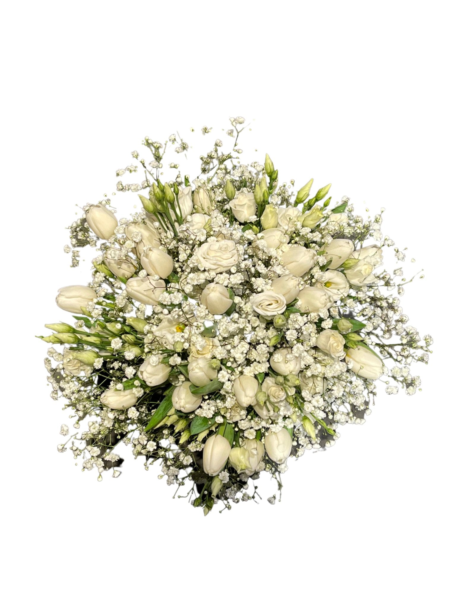 Das florale Bouquet „Antartic Dream“ vereint weiße Rosen, weiße Tulpen und Schleierkraut in einem rund arrangierten, liebevoll gestalteten Strauß – von oben fotografiert auf weißem Hintergrund für ein elegantes Erscheinungsbild.